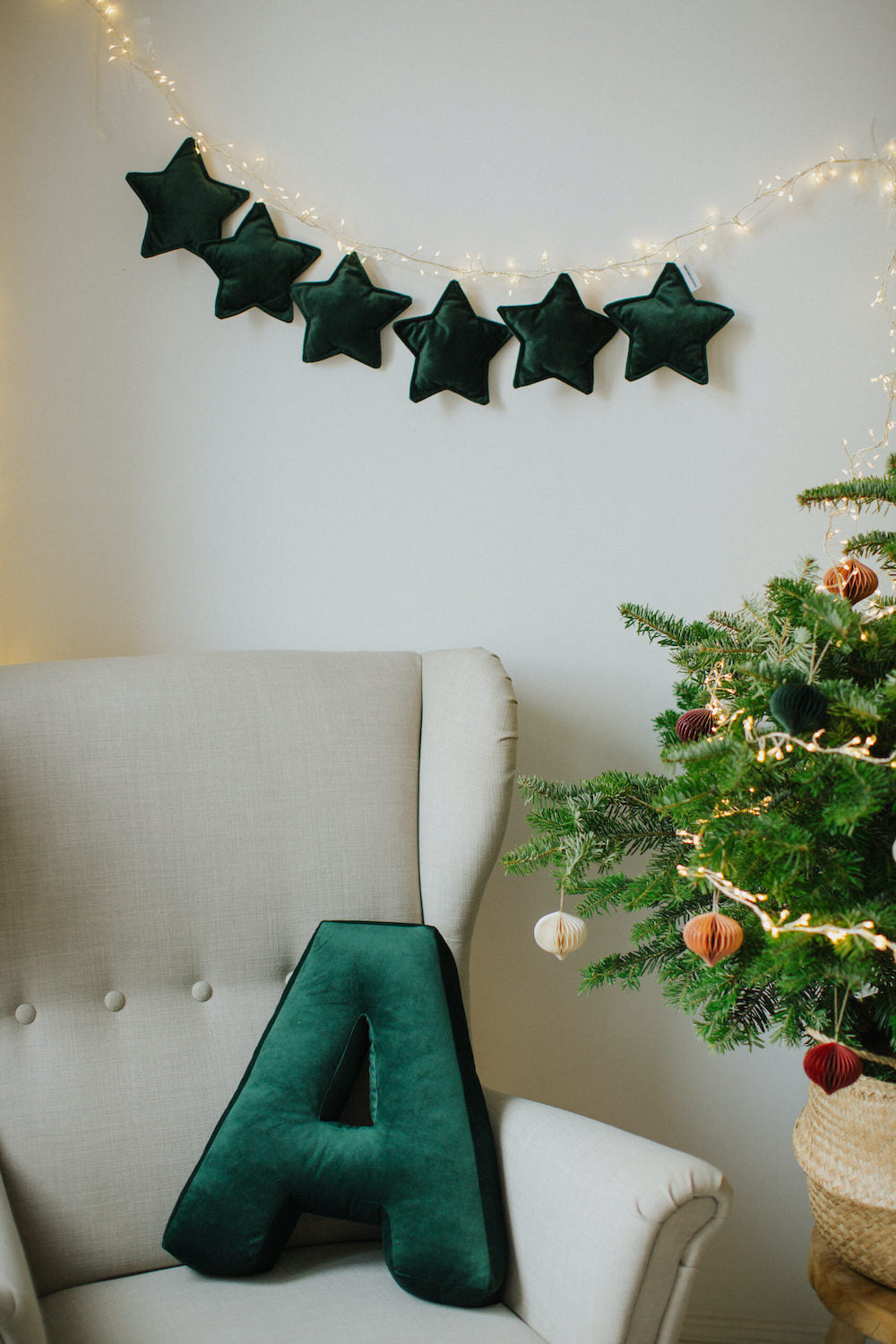 velvet star garland green by bettys home over armchair with velvet letter cushion  A green by bettys home 