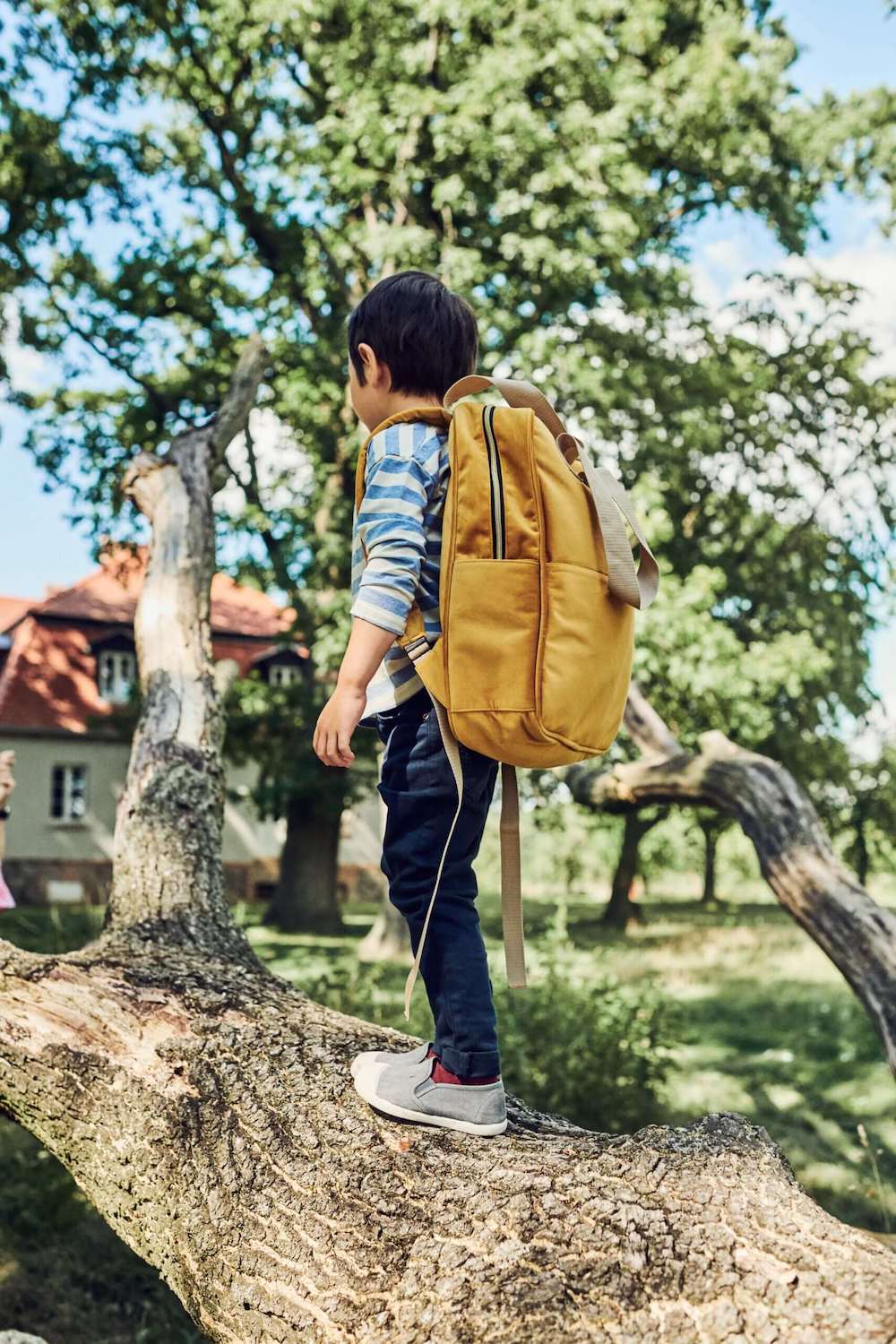 a boy after school playing on tree with velvet yellow backpack. small backpack for kindergarten 