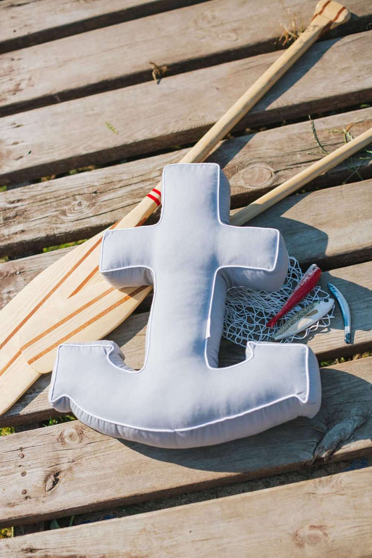 Anchor Cushion Grey by bettys home. Anchor Shaped Cushion on pier with oars 3
