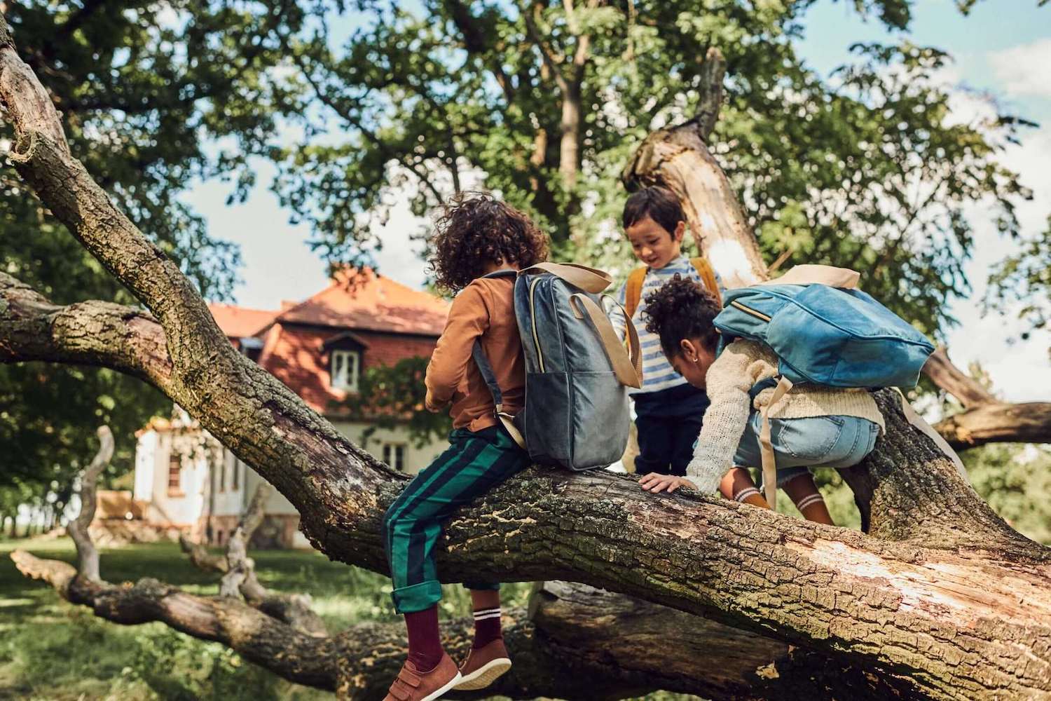 kids playing on a tree after school with velvet backpacks by bettys home. school backpack for girl kindergarten