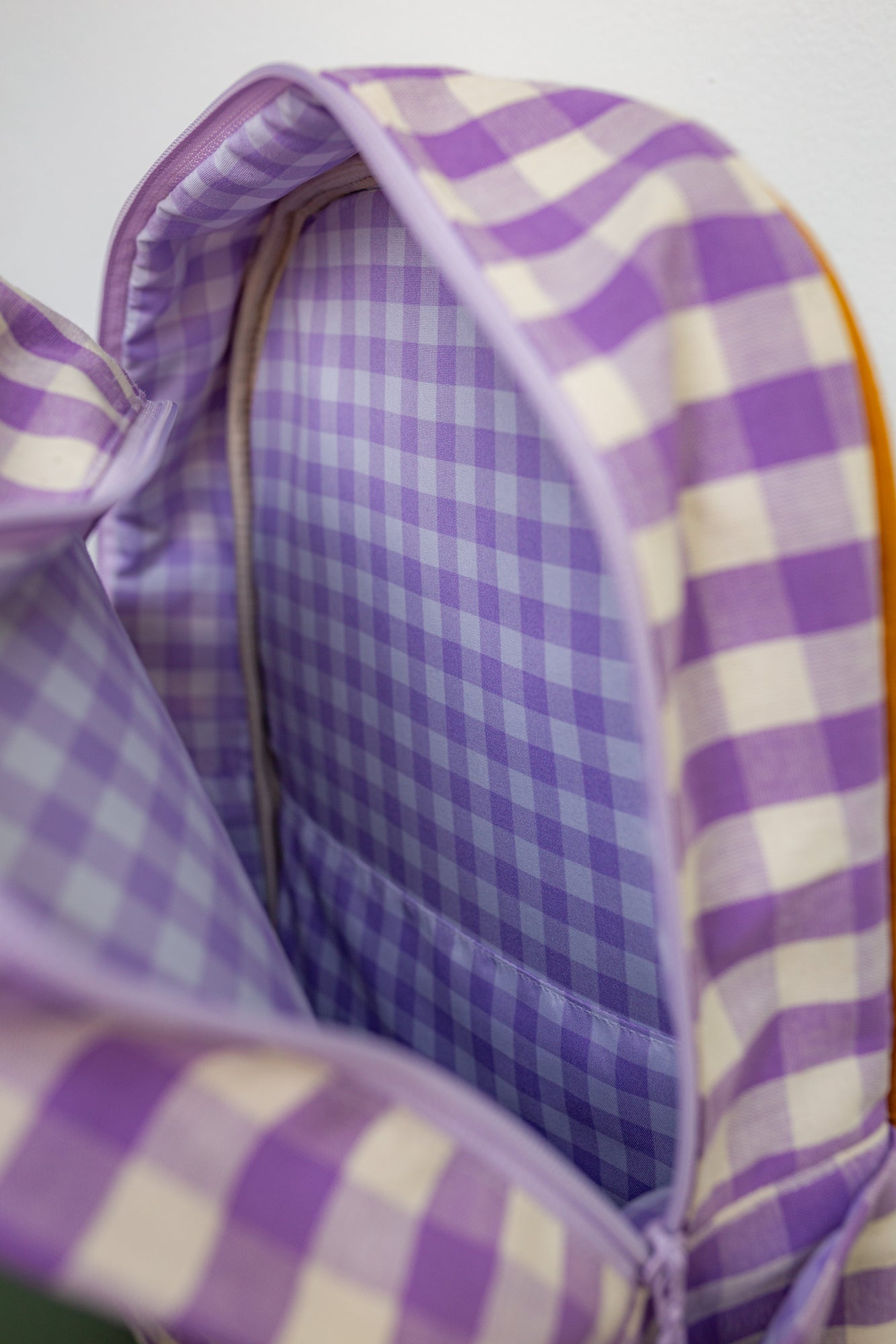 gingham backpack in lilac by bettys home. picture of the inner lining 