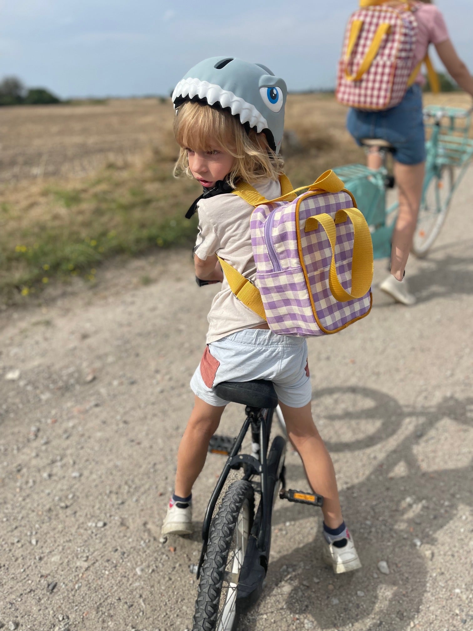 cute boy on bike with lilac gingham backpack. Small Checkered Backpack by bettys home