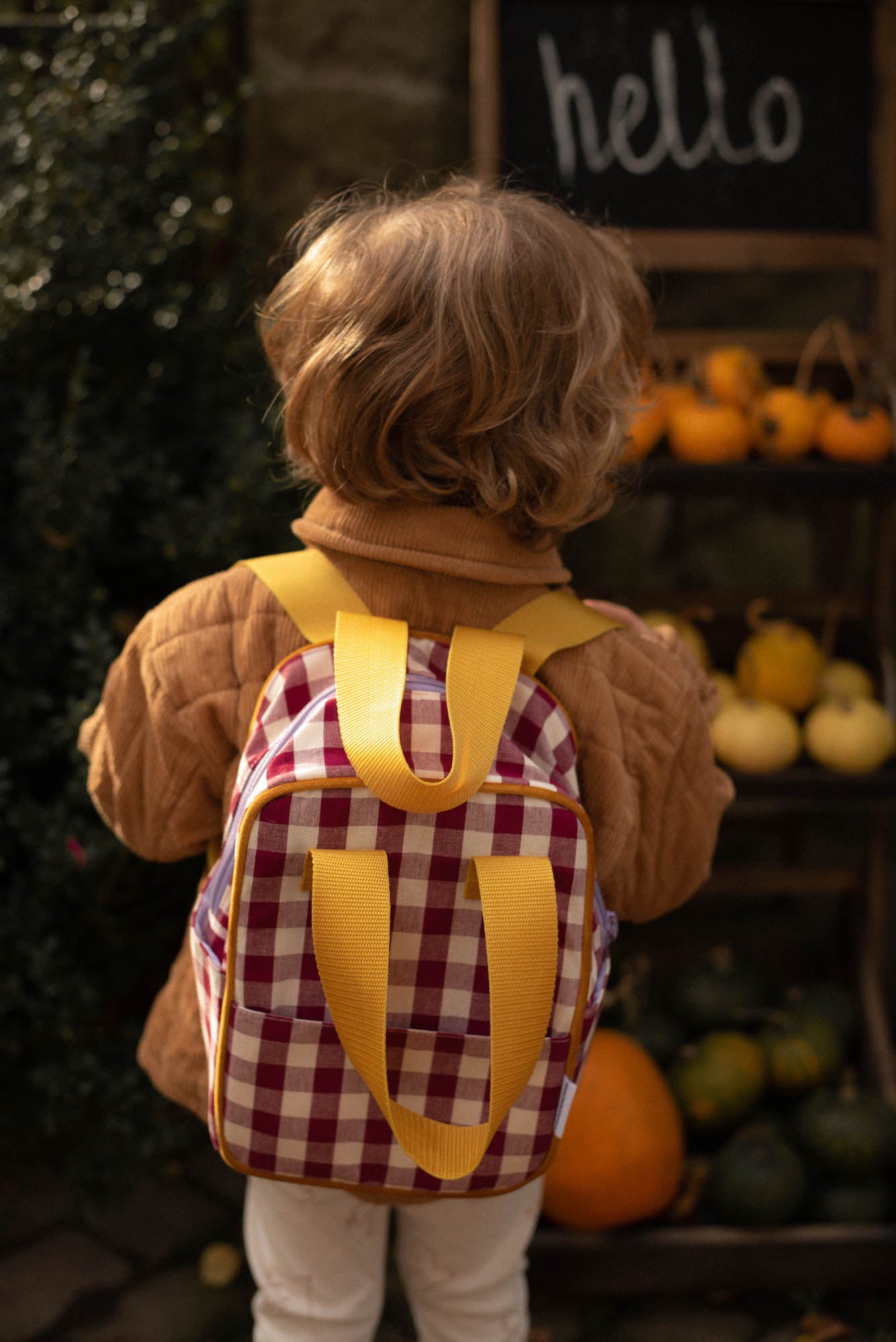 little boy with checkered backpack by bettys home. Gingham retro backpacks for kids
