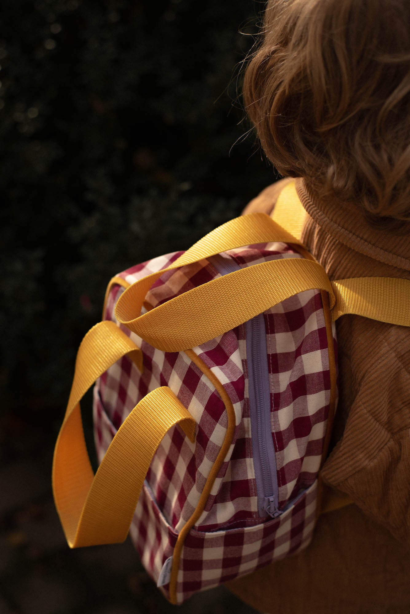 little boy with checkered backpack by bettys home. Gingham retro backpacks kindergarten