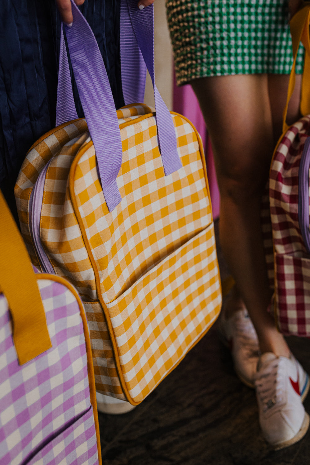 yellow gingham backpack by bettys home and lilac checkered backpack by Betty's home city laptop backpack