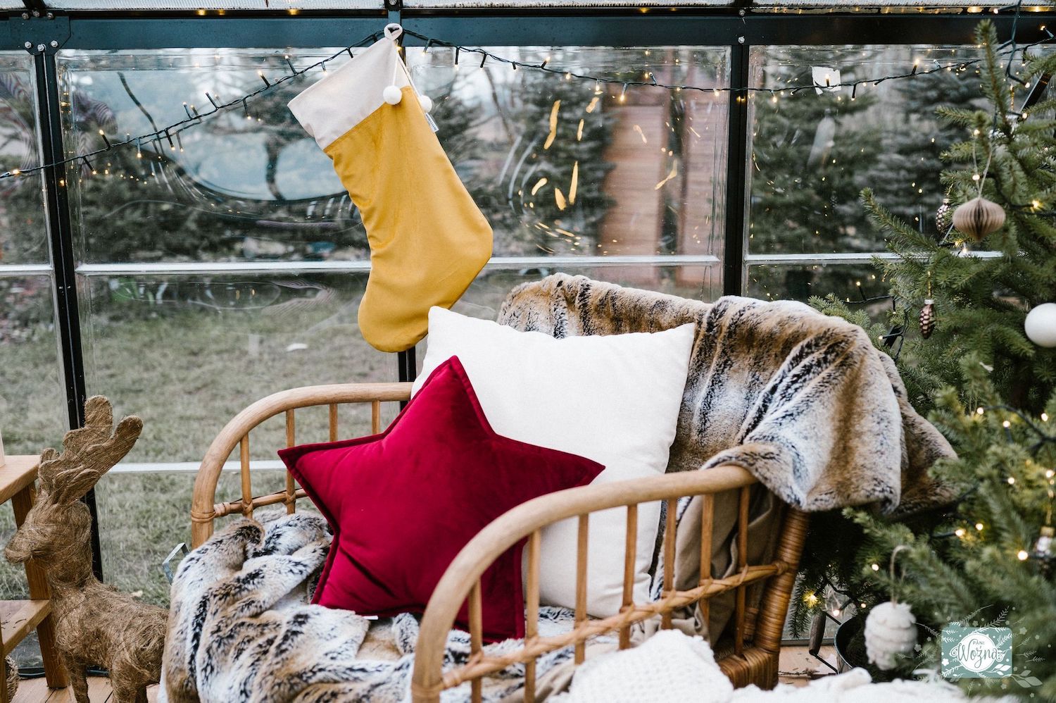 velvet star cushion wine red by bettys home on chair in greenhouse and yellow christmas stocking