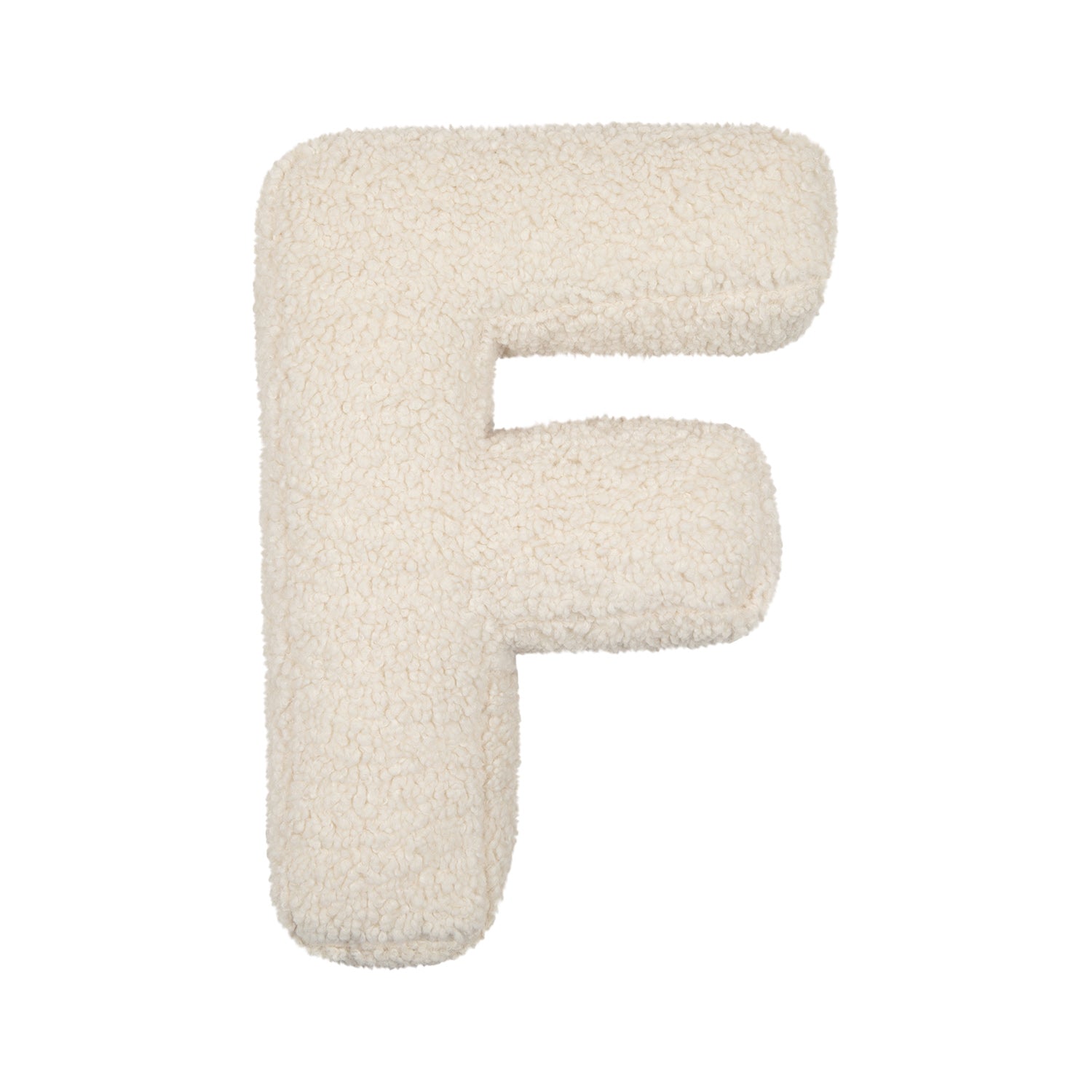 Boucle Letter cushion F by Bettys Home Teddy Letter Pillow on white background birthday gift idea