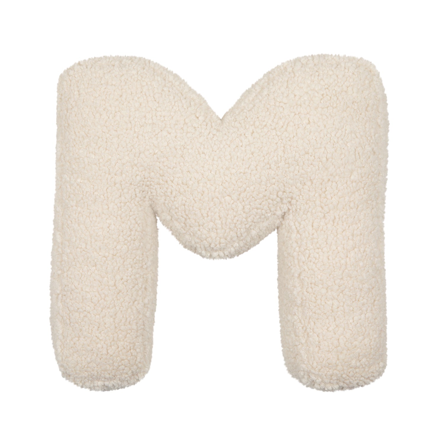 Boucle letter cushion M teddy pillow by bettys home on white background 