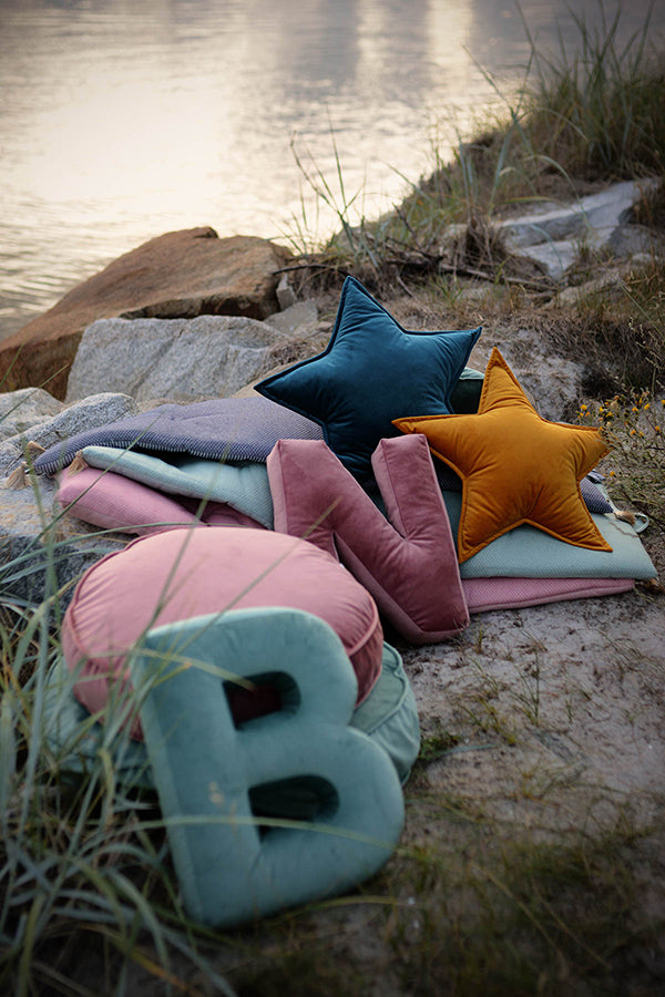 beach view with velvet letter cushion b mint and velvet star cushion by bettys home