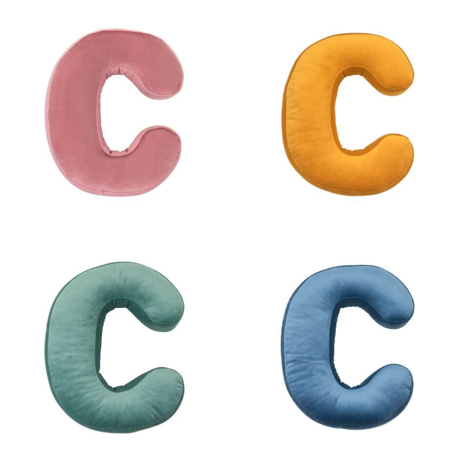 Velvet Letter cushion C in four colours. Decorative pillow for couch. Decorative pillow for sofa.