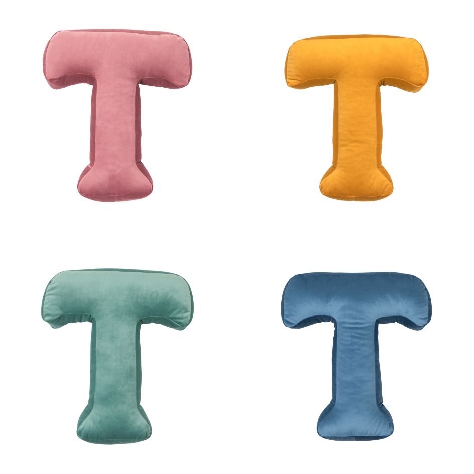 velvet letter cushion t in four colours by bettys home