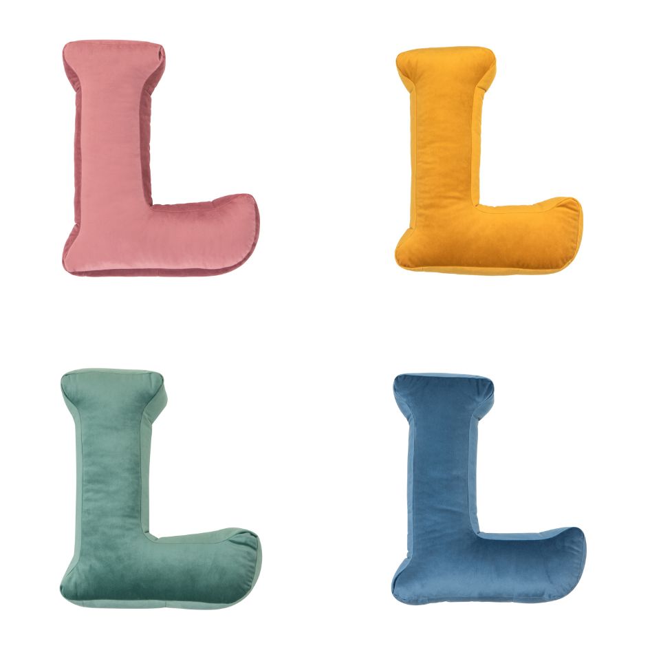 velvet letter cushion l in four colours by bettys home