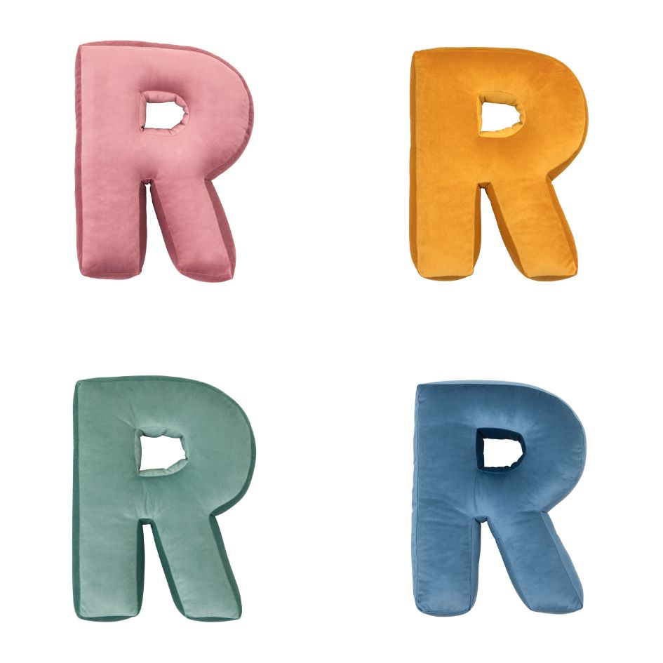 velvet letter cushion r in four colours by bettys home