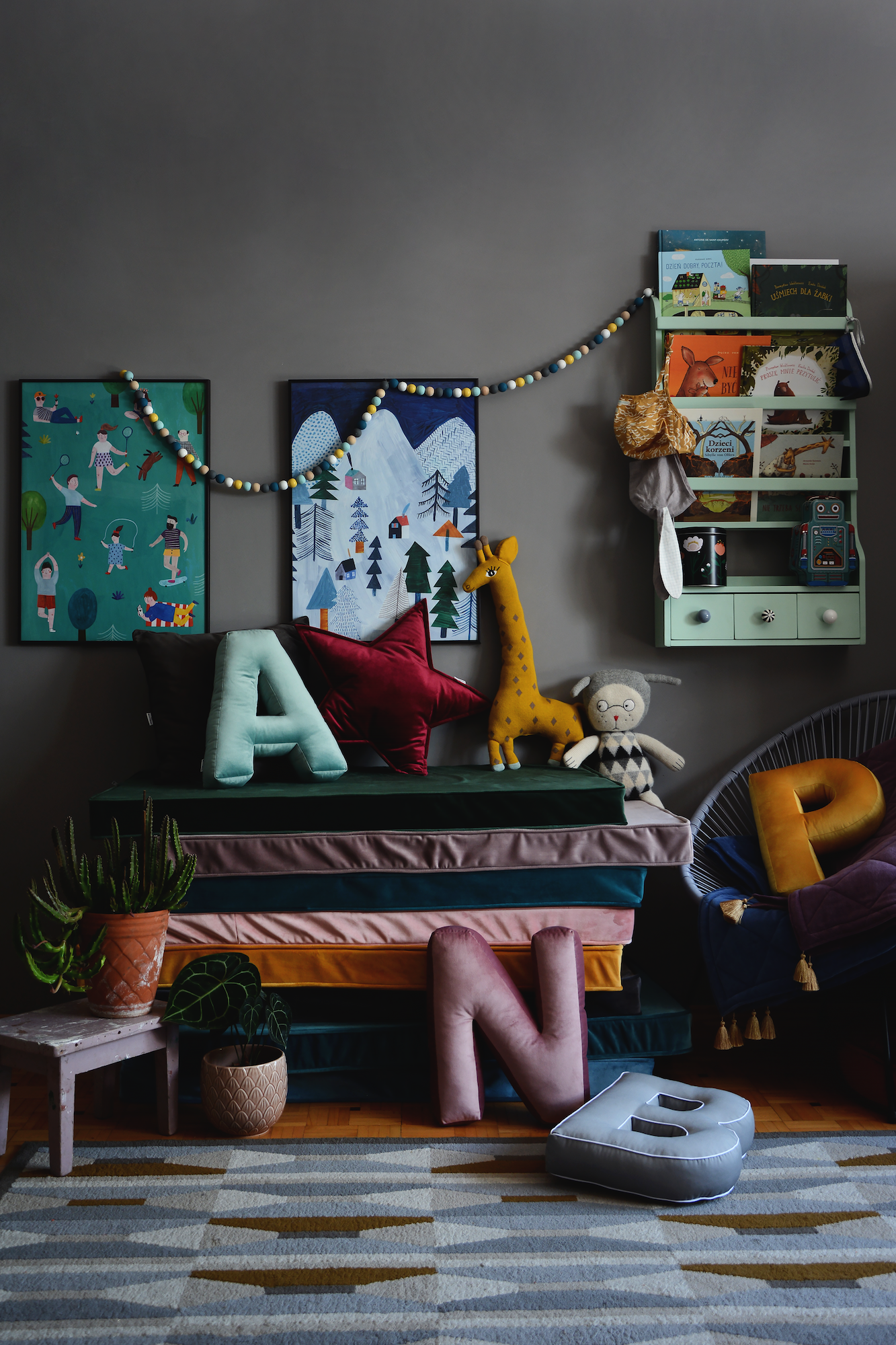 childrens bedroom decorate with items by betty's home like velvet letter cushions and velvet mattresses 