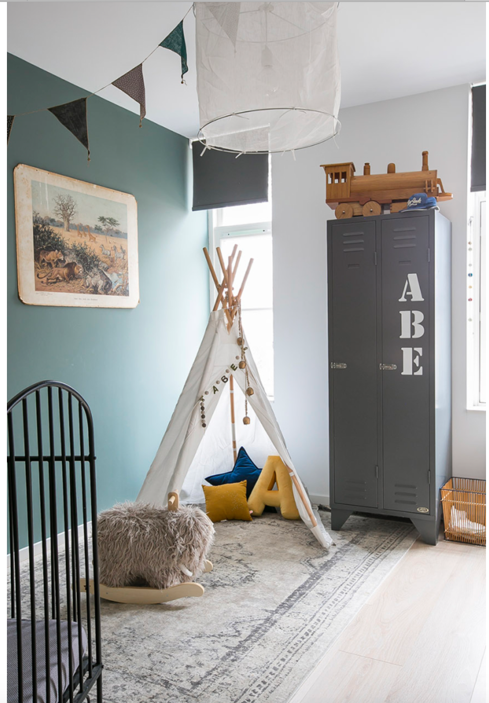 kids room with tipi tent in corner and velvet letter cushion by betty's home inside