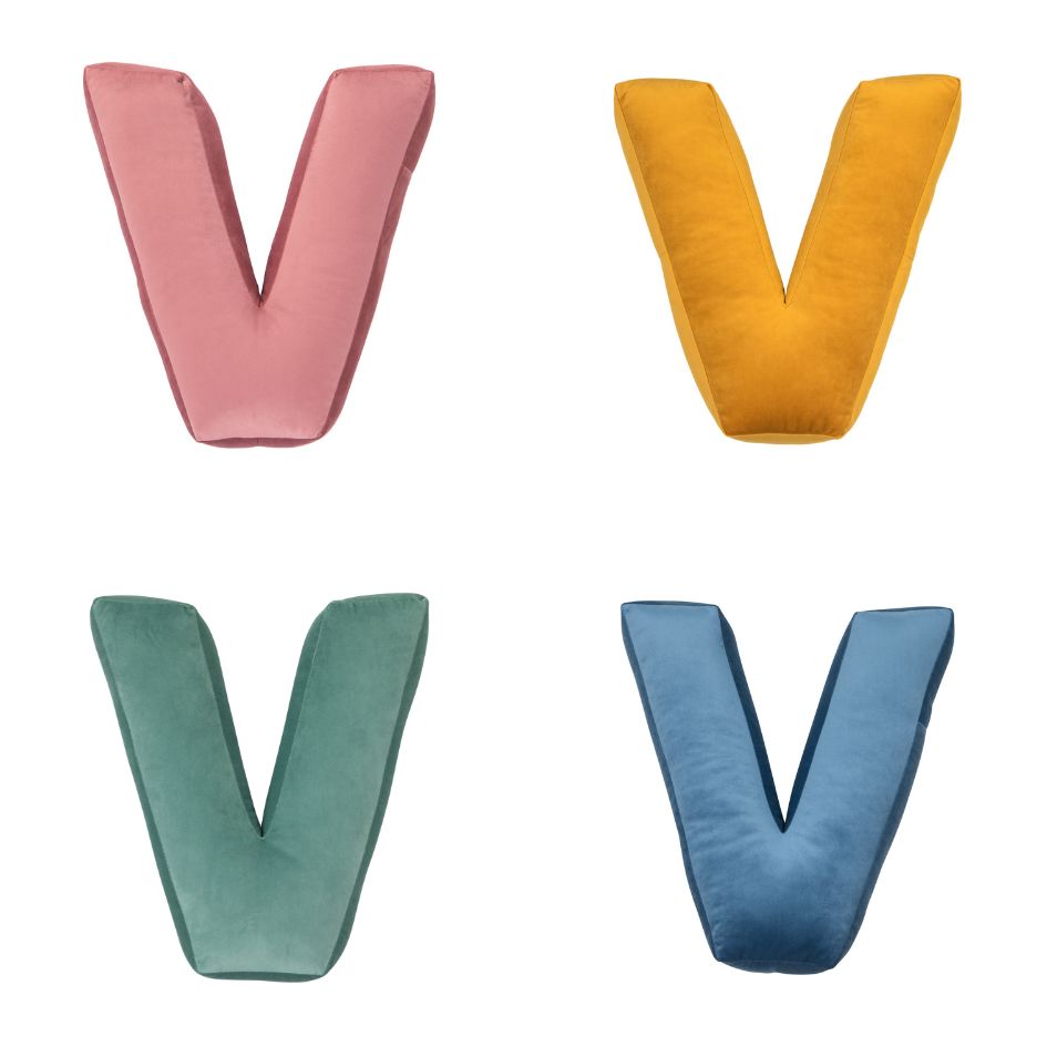 velvet letter cushion v in four colours by bettys home