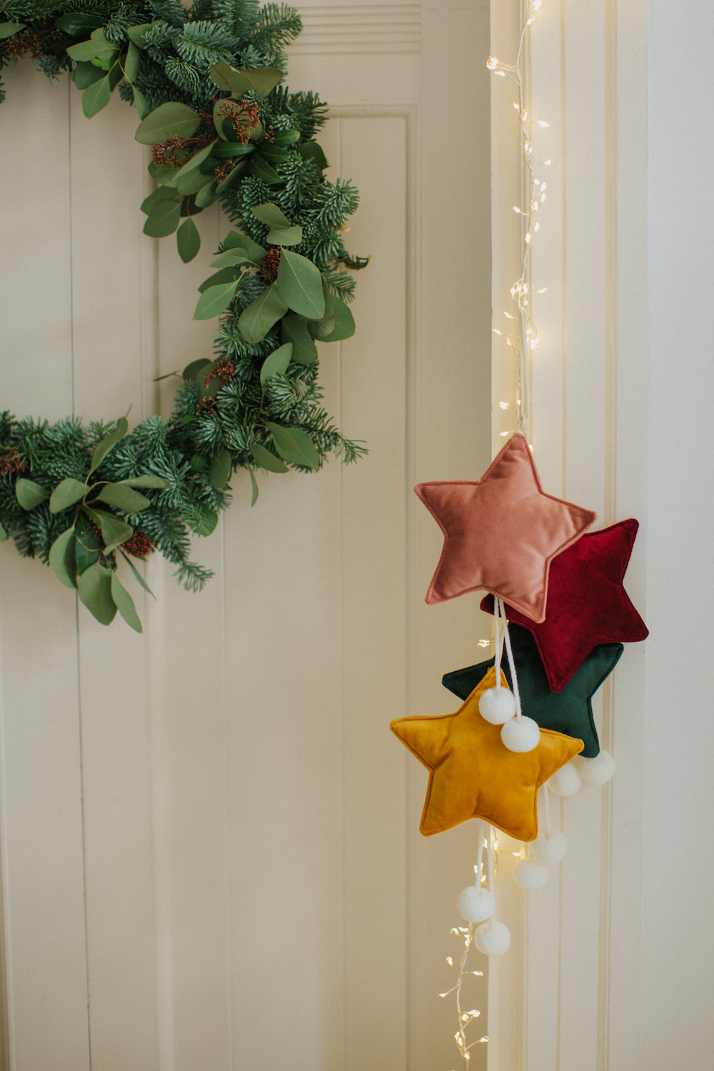 velvet little star pendants wine red by bettys home hanging on door with christmas lights as christmas decorations